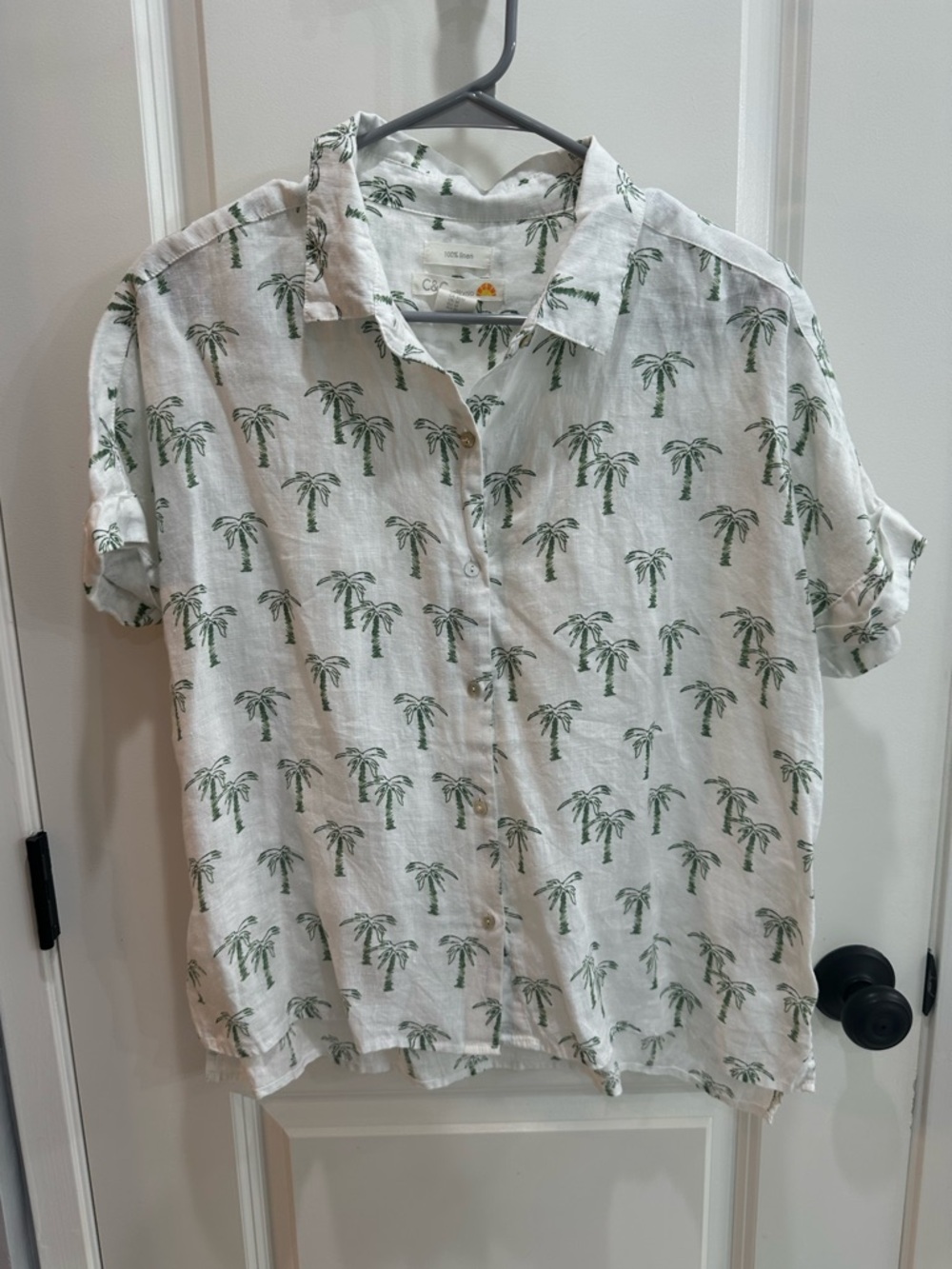 C&C California White Short-Sleeve Button-Down with Green Palm Print
